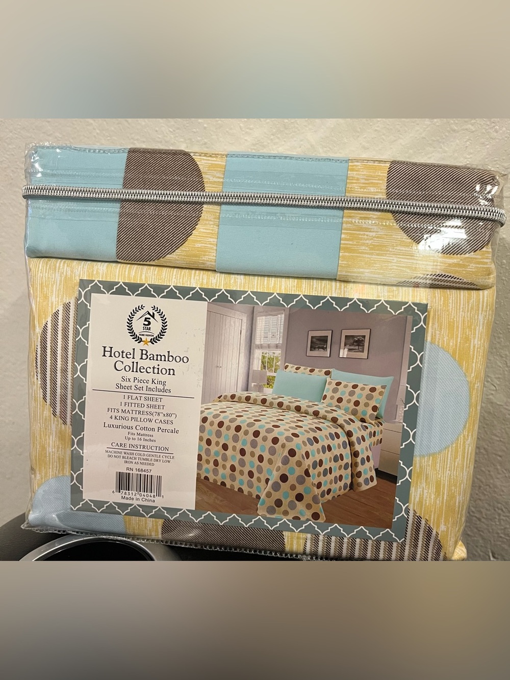 King Six-Piece Sheet Set - Blue, Yellow, Brown Polka Dot
